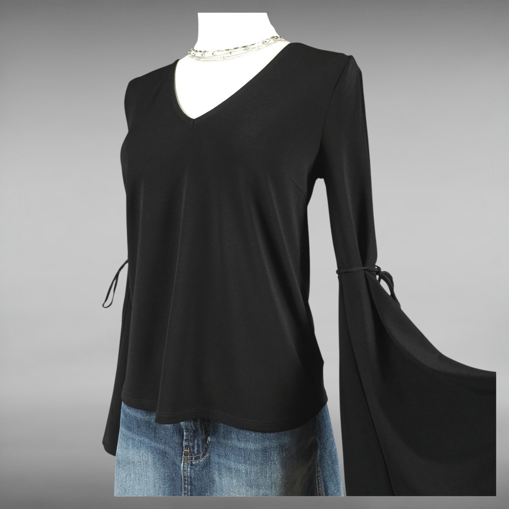NWT Express Top XS Black Split Bell Sleeve Tie Cuff V-Neck Dramatic Goth